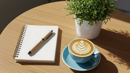 Coffee cup with notebook and pen on wooden table in officeの素材