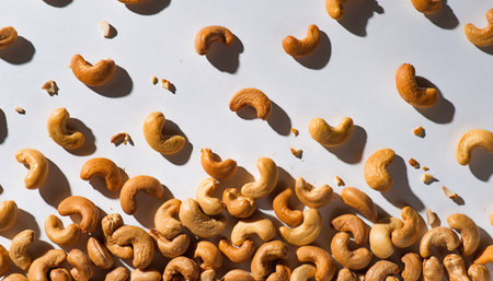 Overhead shot of cashew nuts scattered on a white surface, creating a visually appealing pattern with shadows.の素材