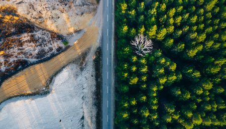 An aerial shot showcasing a stark contrast between a barren, sandy landscape and a lush green forest, divided by a straight road, highlighting environmental differences.の素材
