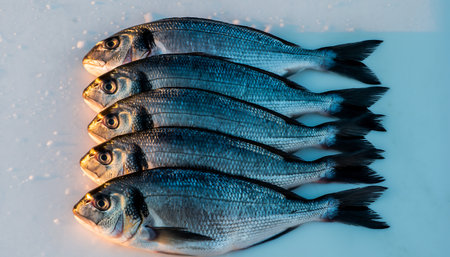 A stack of fresh gilthead seabream fish is displayed on ice, showcasing their silvery scales and streamlined bodies.の素材