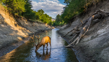 A deer is drinking water from a stream in a forest. The stream is surrounded by trees and the sky is cloudy.の素材