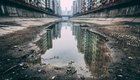 A stark image of urban decay featuring a polluted canal reflecting the surrounding buildings, highlighting environmental issues and urban neglect.の素材