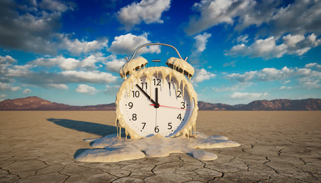 A surreal image of a melting alarm clock in a desert landscape, symbolizing the fluidity of time and the impact of environmental change.の素材