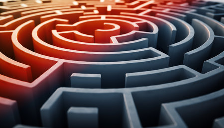A complex circular maze with a gradient of red towards the center, transitioning to gray on the outer edges, creating a sense of depth and challenge.の素材