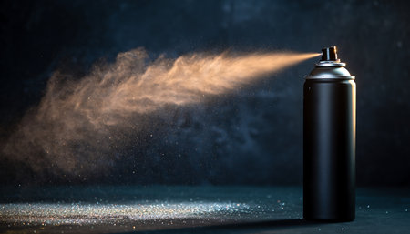 A studio shot capturing the dynamic spray of paint from a black spray can, highlighting the texture and movement against a dark backdrop.の素材