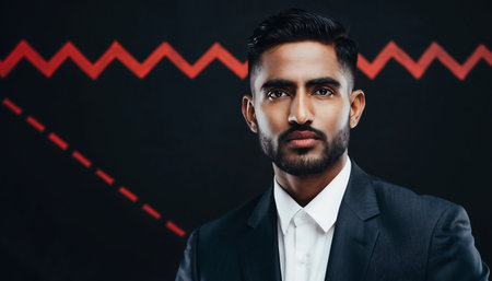 A portrait of a confident businessman in a suit against an abstract background with red lines, showcasing professionalism and style.の素材