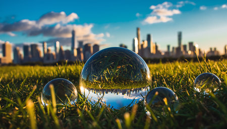 A captivating view of a cityscape reflected in crystal balls nestled in lush green grass, creating a surreal and artistic perspective.の素材