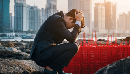 A businessman in a suit squats on rocks, head in hands, against a cityscape, conveying stress and financial challenges.の素材