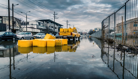 A street is flooded with water, reflecting the cloudy sky, featuring yellow barriers and parked vehicles, indicating potential urban flooding and infrastructure challenges.の素材