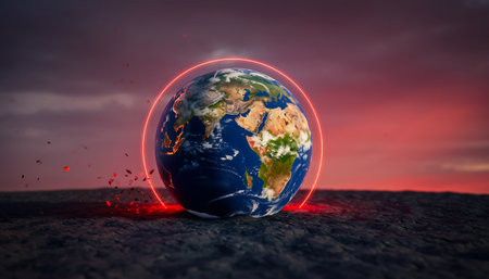 A stylized image of Earth surrounded by a red glow, set against a dark, dramatic sky, symbolizing environmental concerns and the urgency of climate change.の素材