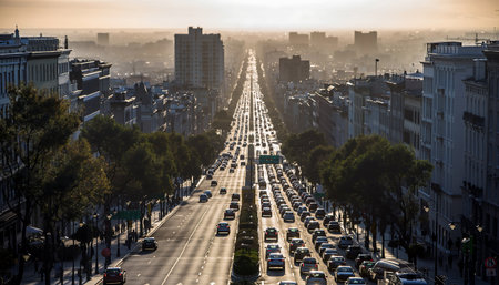 A high-angle view captures the vibrant energy of Vali Asr Street in Tehran, Iran, as cars navigate the busy thoroughfare under a hazy sunset.の素材