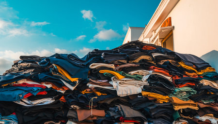 A large pile of assorted clothing sits outside against a blue sky with a few clouds. The clothing is a mix of colors and styles.の素材