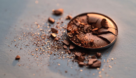 Close-up of a shattered bronze eyeshadow palette with pigment scattered around it on a gray surface, creating a textured and imperfect beauty aesthetic.の素材