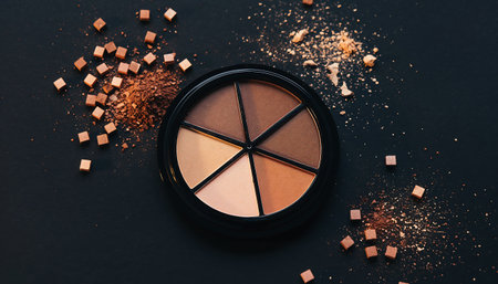 A makeup palette featuring earthy tones is surrounded by scattered pigments, creating a visually appealing composition on a dark background.の素材