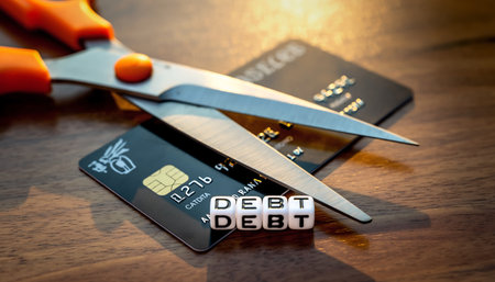A visual representation of cutting debt, featuring scissors cutting credit cards with cube letters spelling out 'DEBT' on a wooden surface.の素材