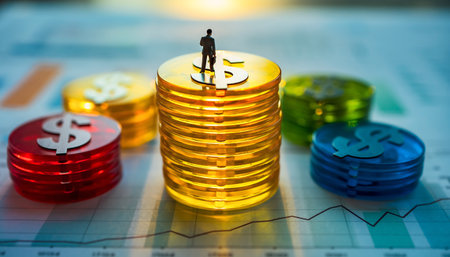 A miniature businessman stands atop a stack of gold coins, symbolizing financial growth and success in a business context. The image conveys ambition and achievement.の素材