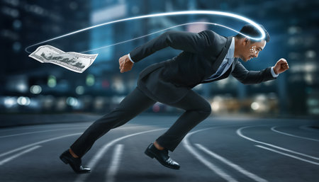A determined businessman sprints forward, illuminated path, symbolizing the relentless pursuit of financial success and strategic thinking in the corporate world.の素材