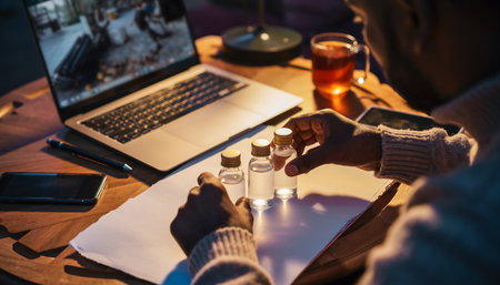 A person is analyzing medicine bottles while working on a laptop with documents and a drink on a wooden desk.の素材