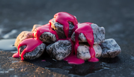 A pile of rocks is covered in a thick, bright pink sauce, creating a striking and unusual visual effect.の素材