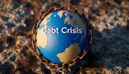 A visual representation of the global debt crisis, depicting the Earth encircled by chains, symbolizing the burden of debt on the world economy.の素材