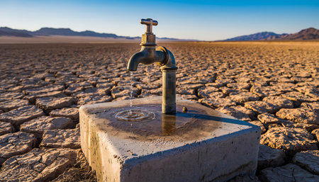 A parched landscape features a lone tap, emphasizing the critical issue of water scarcity and the impact of drought on the environment.の素材