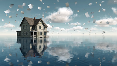 A surreal image of a house floating on water, with papers falling around it, creating a dreamlike and unsettling atmosphere.の素材