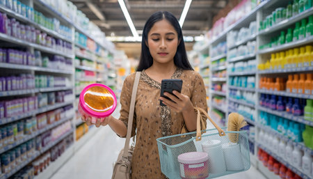 A woman stands in a supermarket aisle, holding a product in one hand and checking her phone with the other, surrounded by shelves of goods.の素材