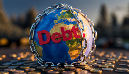 A conceptual image showing the Earth globe wrapped in chains with the word 'Debt' on it, symbolizing the global debt crisis and financial burden.の素材