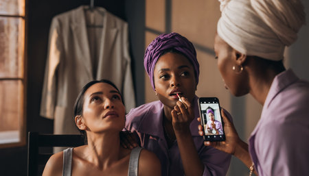 Three diverse women are applying makeup and taking selfies in a room with natural light, creating a fun and relaxed atmosphere.の素材