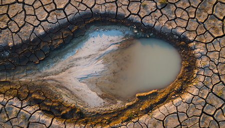 A stark image of cracked, dry earth surrounding a small pool of water, symbolizing resilience and the preciousness of resources in a changing climate.の素材