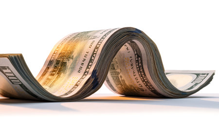 A stack of US hundred dollar bills is arranged in a wave-like pattern against a white background, symbolizing wealth and finance.の素材