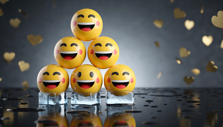 A pyramid of happy emoji faces sits on ice, with golden hearts floating in the background, creating a festive and joyful atmosphere.の素材