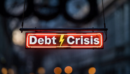 A brightly lit neon sign displaying 'Debt Crisis' against a blurred background, symbolizing economic challenges, financial instability, and the urgent need for solutions.の素材