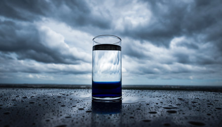 A glass containing water with a blue layer stands on a rain-kissed surface, reflecting a brooding, overcast sky. The distant horizon creates a serene yet dramatic outdoor scene.の素材