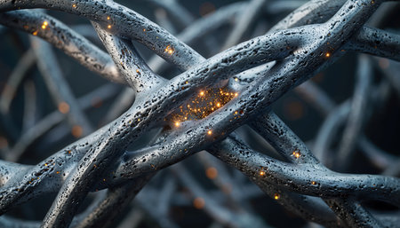 A close-up abstract illustration featuring interwoven textured metallic elements glowing with bright energy, symbolizing advanced technology, data flow, and intricate networks.の素材