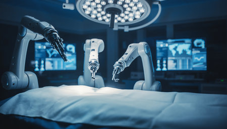 Three advanced robotic arms poised over a surgical table in a modern operating room, representing the future of precision medical technology and innovative healthcare.の素材