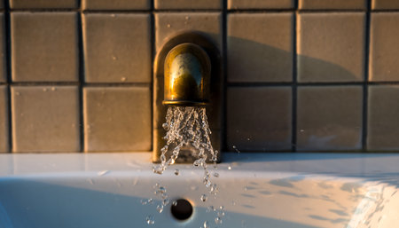 A close-up shot captures fresh water flowing vigorously from an old-fashioned brass faucet, splashing into a clean white sink in a household setting, highlighted by warm light.の素材