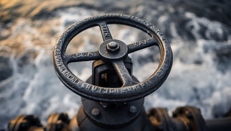 Detailed shot of a weathered industrial valve wheel against a backdrop of churning water, illustrating control and the interaction between machinery and nature.の素材