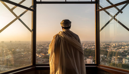 A man in traditional attire gazes from a high-rise window, observing the expansive city skyline bathed in the warm light of sunrise or sunset.の素材