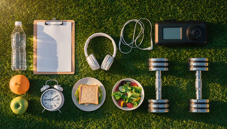 Fitness equipment and healthy food on grass with a clipboard.の素材