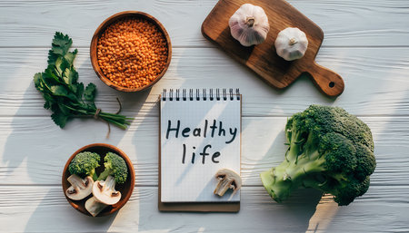A white wooden surface displays healthy food items and a notebook with 'Healthy life' written on it.の素材