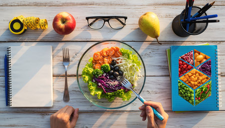 Healthy eating, dieting and weight loss concept. Top view of woman's hands holding fork and eating fresh vegetable salad on wooden tableの素材