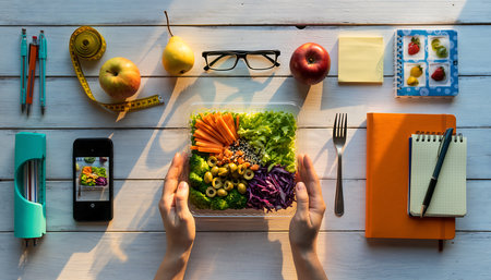 Healthy lunch box with fresh vegetables and fruits, top view.の素材