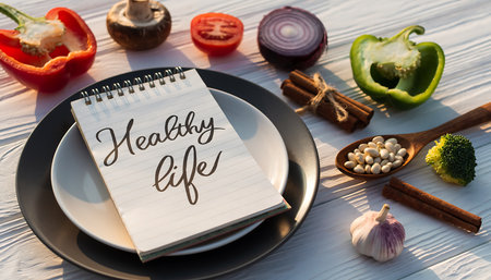 top view of notepad with healthy food lettering on wooden tableの素材