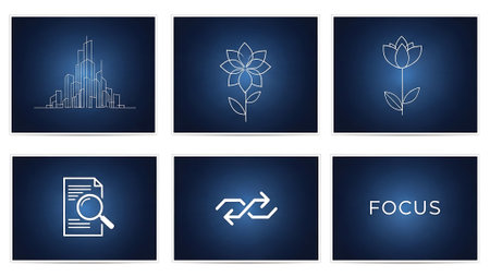 Glowing blue icons on a white background depicting business and technology concepts.の素材