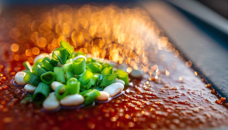 Close-up of sizzling onions and garlic on a hot cooking surfaceの素材