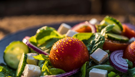 A vibrant mix of vegetables and cheese on a plateの素材