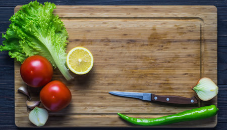 A selection of fresh vegetables on a wooden cutting board with a knife.の素材