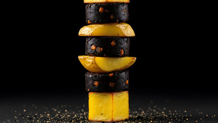 Grilled pineapple and charcoal on a stick, surrounded by spices on a dark surface.の素材