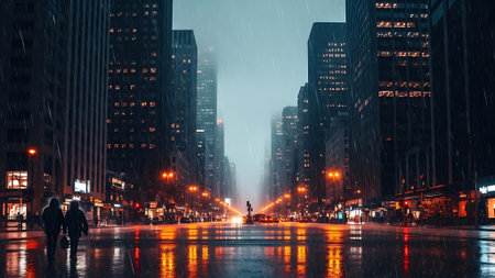 City street at night during rain, with people and cars, tall buildings and streetlightsの素材